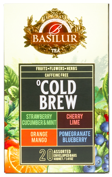 Przód pudełka Basilur Cold Brew z listą owocowych smaków i logo Basilur.