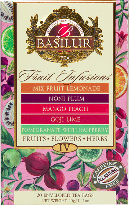 Opakowanie Basilur Fruit Infusions vol. IV z mieszanką herbat owocowych bez kofeiny.