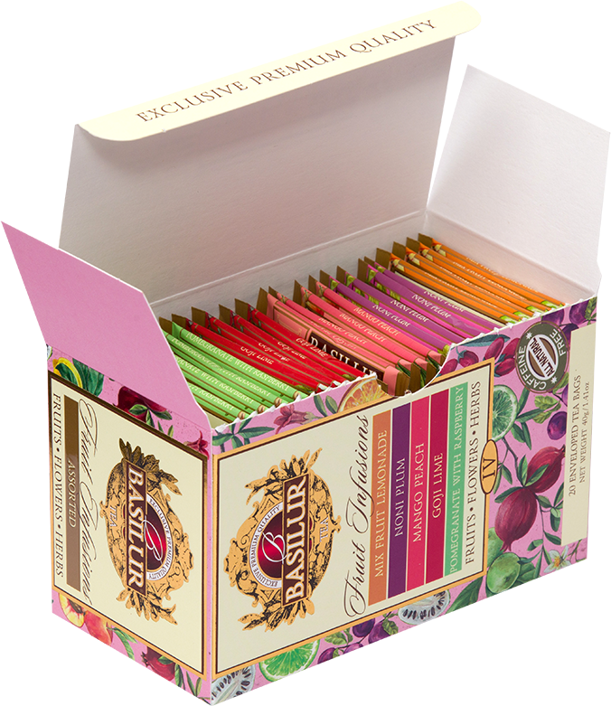 Otwarty zestaw Basilur Fruit Infusions vol. IV z kolorowymi kopertami herbat.