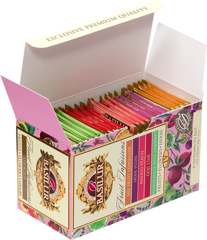 Otwarty zestaw Basilur Fruit Infusions vol. IV z kolorowymi kopertami herbat.