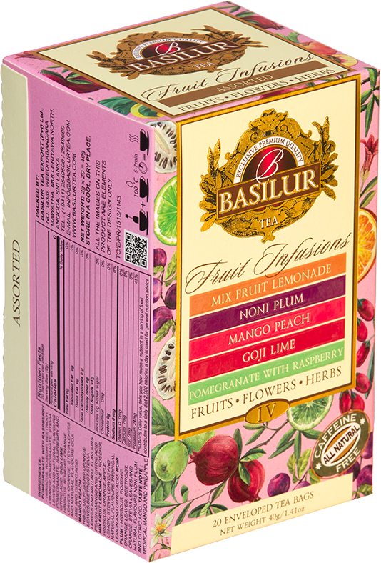 Bok opakowania Basilur Fruit Infusions vol. IV z logo Basilur i listą smaków.