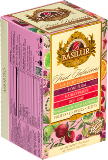 Bok opakowania Basilur Fruit Infusions vol. IV z logo Basilur i listą smaków.