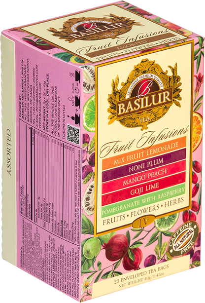 Bok opakowania Basilur Fruit Infusions vol. IV z logo Basilur i listą smaków.