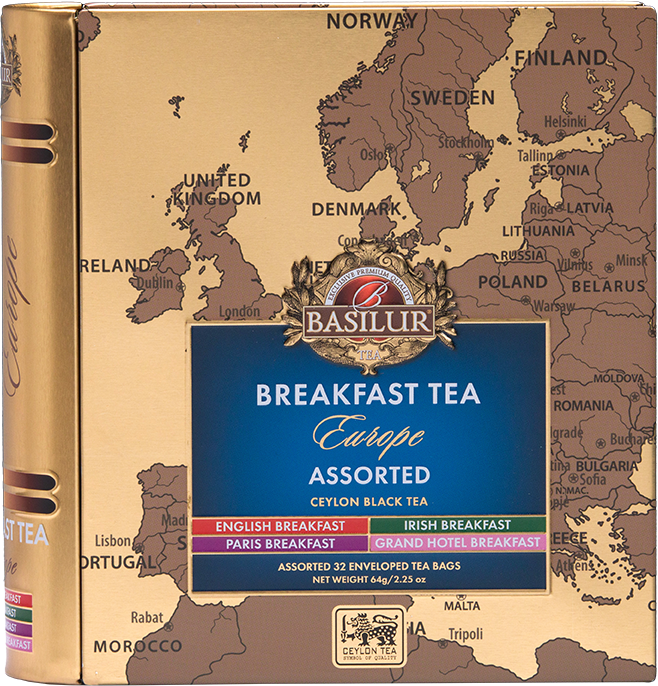 Zestaw Basilur Breakfast Tea Europe – widok z przodu na ozdobne opakowanie w stylu vintage.