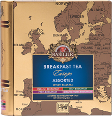 Zestaw Basilur Breakfast Tea Europe – widok z przodu na ozdobne opakowanie w stylu vintage.
