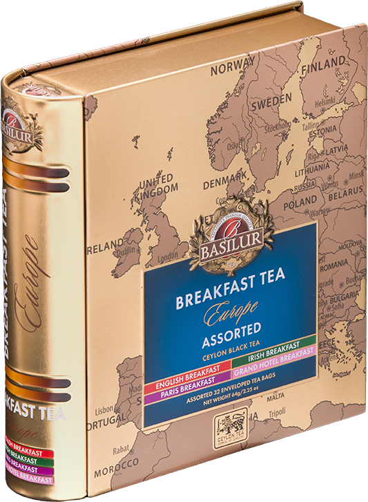 Zestaw herbat Basilur Breakfast Tea Europe w eleganckiej puszce w kształcie książki.