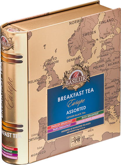 Zestaw herbat Basilur Breakfast Tea Europe w eleganckiej puszce w kształcie książki.