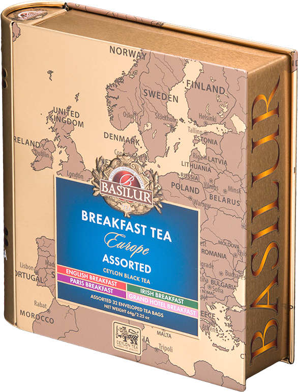 Herbata Basilur Breakfast Tea Europe – puszka z mapą Europy i eleganckim wykończeniem.