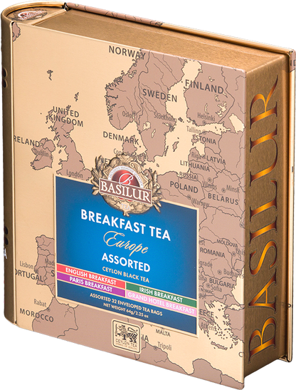 Herbata Basilur Breakfast Tea Europe – puszka z mapą Europy i eleganckim wykończeniem.