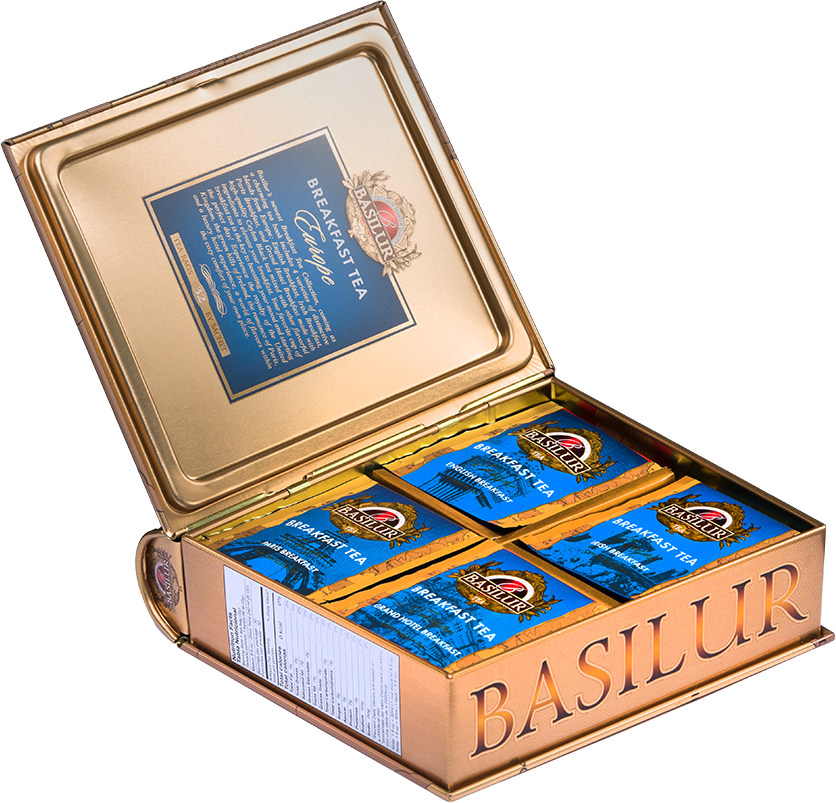 Wnętrze zestawu Basilur Breakfast Tea Europe – cztery rodzaje herbat śniadaniowych w kopertach.