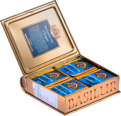 Wnętrze zestawu Basilur Breakfast Tea Europe – cztery rodzaje herbat śniadaniowych w kopertach.