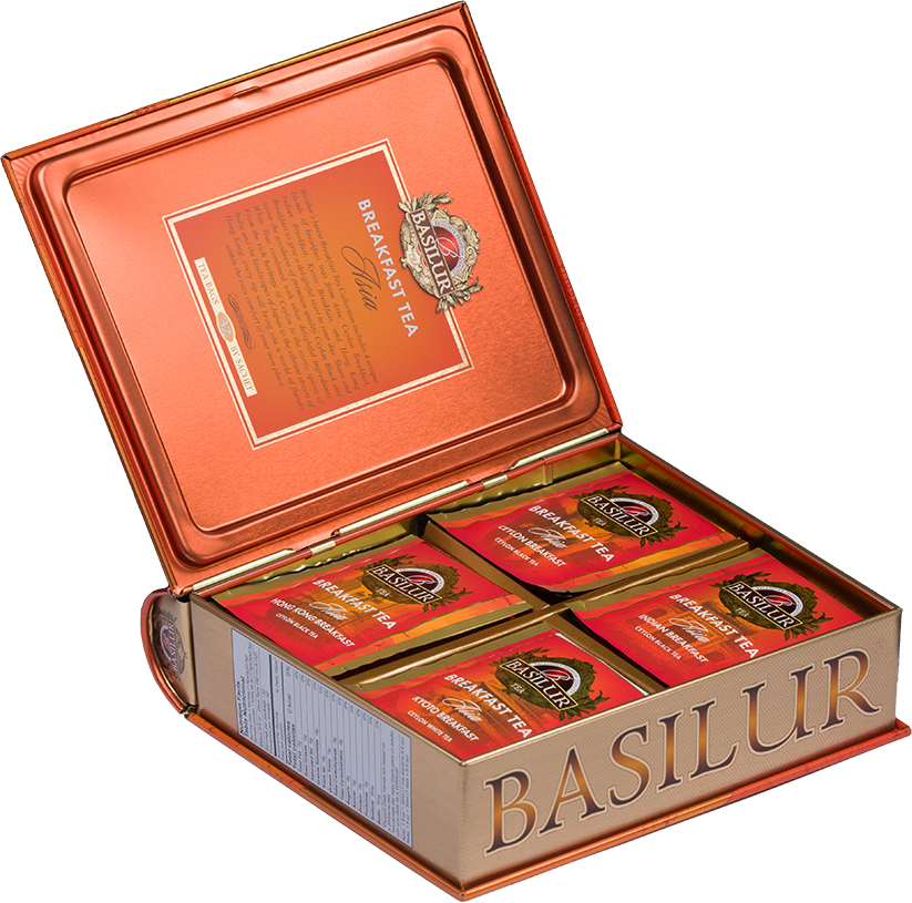 Wnętrze zestawu Basilur Breakfast Tea Asia z 32 kopertami herbat.