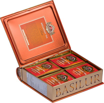 Wnętrze zestawu Basilur Breakfast Tea Asia z 32 kopertami herbat.