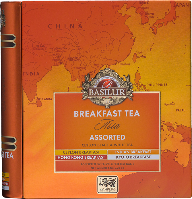 Zbliżenie na opakowanie Basilur Breakfast Tea Asia Assorted z czterema rodzajami herbat.