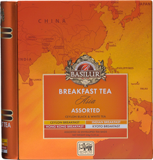 Zbliżenie na opakowanie Basilur Breakfast Tea Asia Assorted z czterema rodzajami herbat.