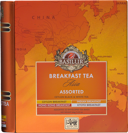 Zbliżenie na opakowanie Basilur Breakfast Tea Asia Assorted z czterema rodzajami herbat.