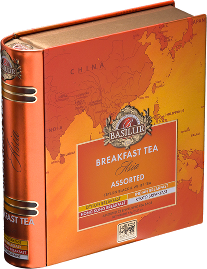 Zestaw Basilur Breakfast Tea Asia w metalowej puszce w kształcie książki.