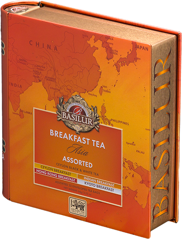 Elegancka puszka Basilur Breakfast Tea Asia z mapą Azji i logo Basilur.