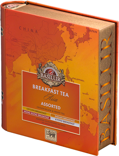 Elegancka puszka Basilur Breakfast Tea Asia z mapą Azji i logo Basilur.
