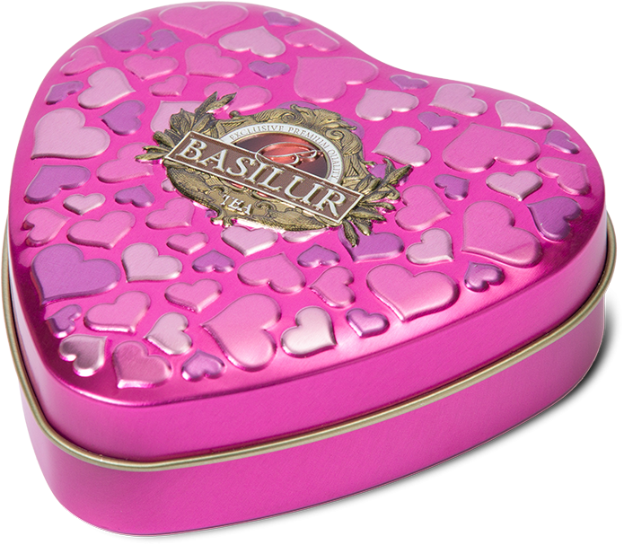 Puszka Basilur Forever Happiness z tłoczonym wzorem serc.
