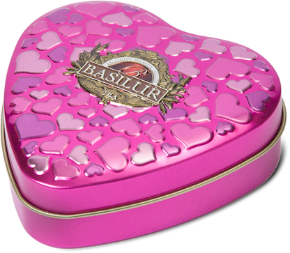 Puszka Basilur Forever Happiness z tłoczonym wzorem serc.