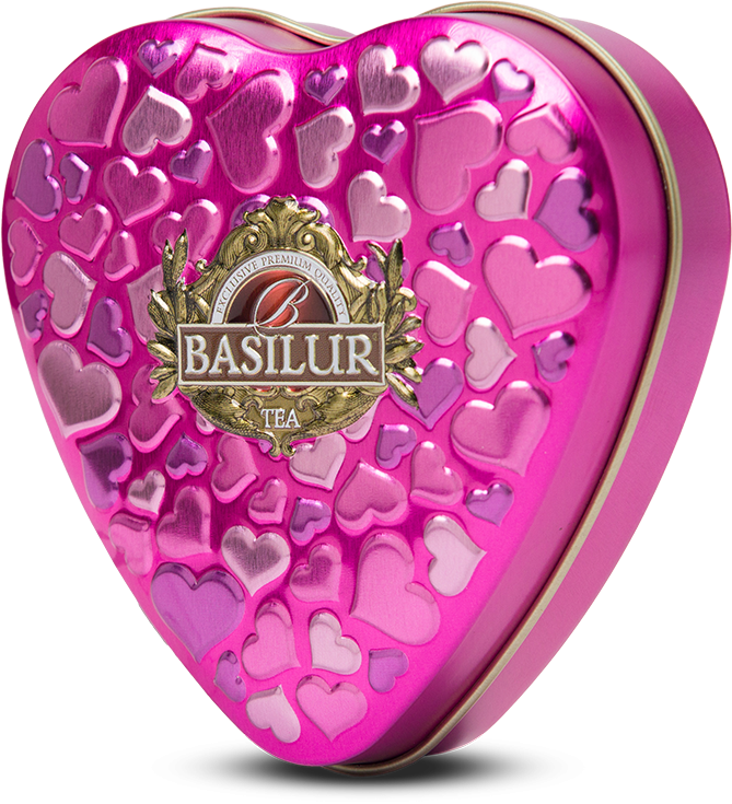 Różowa puszka Basilur Forever Happiness w kształcie serca.