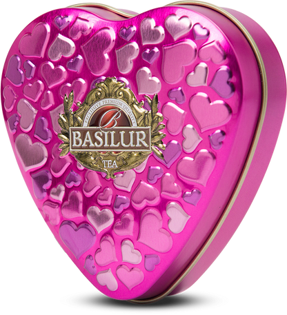 Różowa puszka Basilur Forever Happiness w kształcie serca.