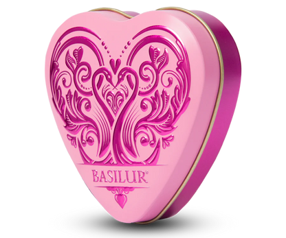 Puszka Basilur Forever Joy w kształcie serca z tłoczonym wzorem.