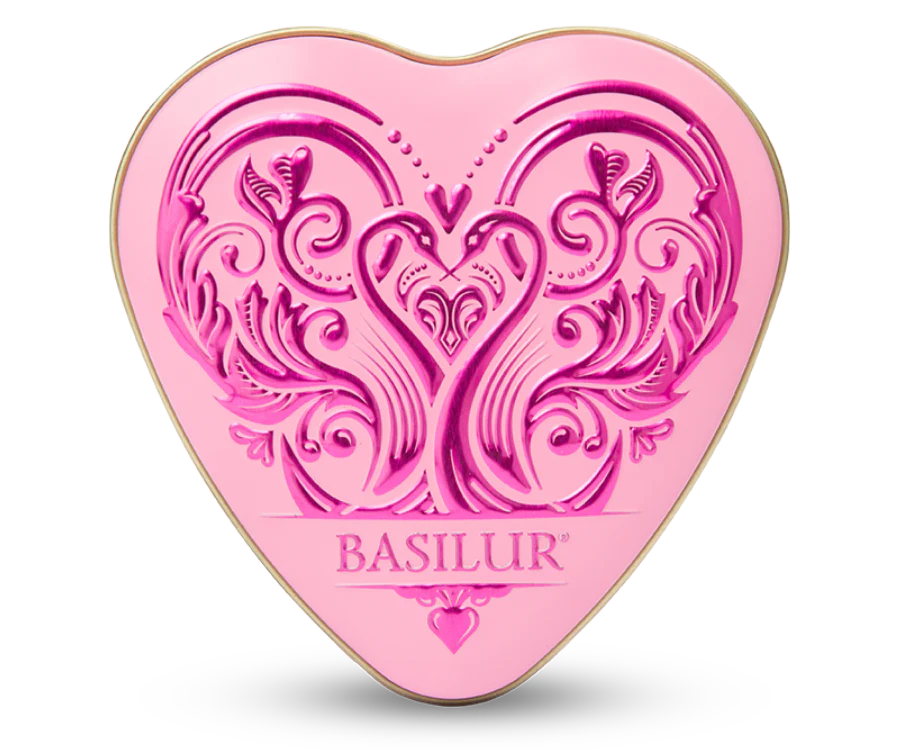 Widok z góry na puszkę Basilur Forever Joy w różowym kolorze.