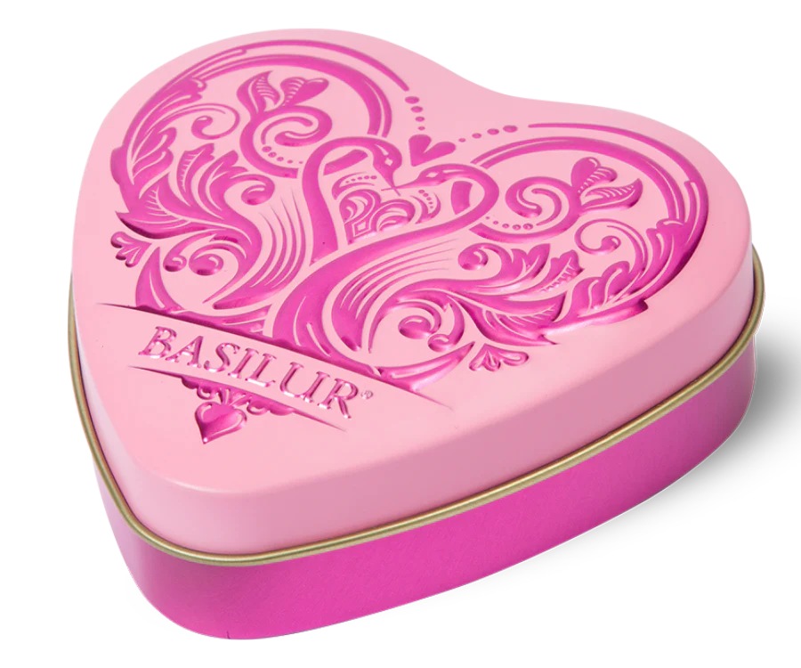 Różowa puszka w kształcie serca Basilur Forever Joy.