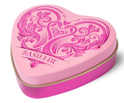 Różowa puszka w kształcie serca Basilur Forever Joy.