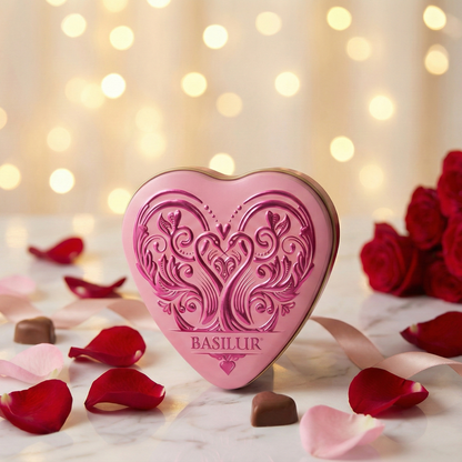 Różowe opakowanie herbaty Basilur w kształcie serca, ustawione na jasnym tle z płatkami róż, czekoladkami i romantycznym światłem.