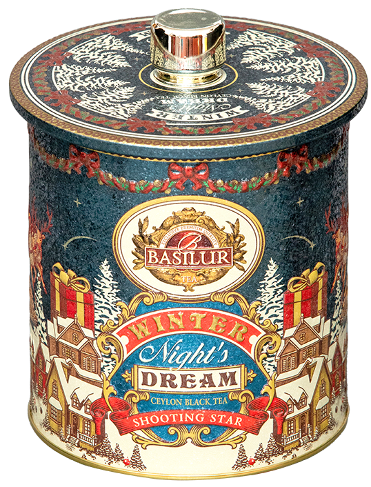 Herbata Basilur Shooting Star w granatowo-złotej puszce – czarna herbata cejlońska w piramidkach.