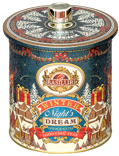 Herbata Basilur Shooting Star w granatowo-złotej puszce – czarna herbata cejlońska w piramidkach.