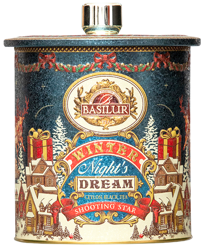 Puszka Basilur Shooting Star z zimowym motywem – elegancka herbata świąteczna.