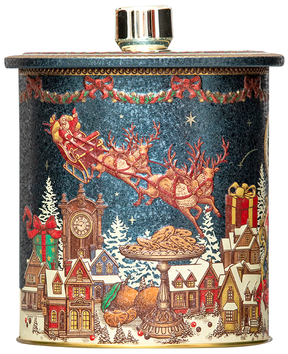 Bok puszki Basilur Shooting Star – ilustracja z saniami Świętego Mikołaja i zimowym miasteczkiem.