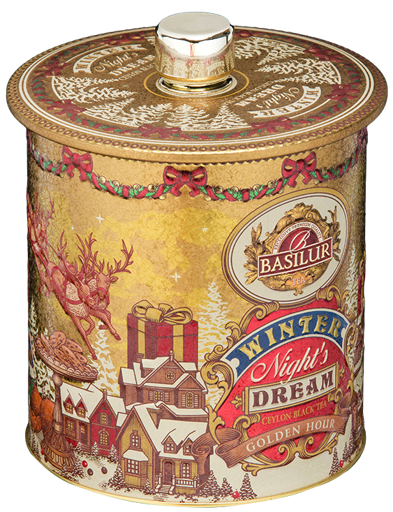 Herbata Basilur Golden Hour w złotej puszce z motywem zimowej wioski – czarna herbata cejlońska w piramidkach.
