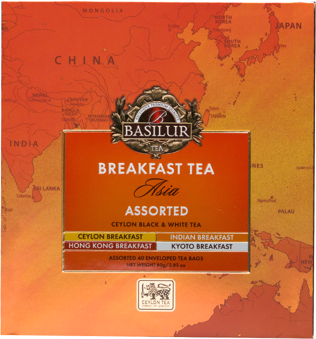 Zbliżenie na pudełko Basilur Breakfast Tea Asia Assorted z mapą Azji.