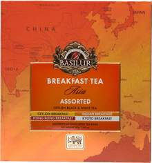 Zbliżenie na pudełko Basilur Breakfast Tea Asia Assorted z mapą Azji.