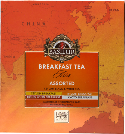 Zbliżenie na pudełko Basilur Breakfast Tea Asia Assorted z mapą Azji.