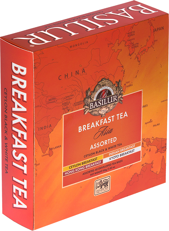 Zestaw herbat Basilur Breakfast Tea Asia – eleganckie opakowanie w odcieniach pomarańczy.