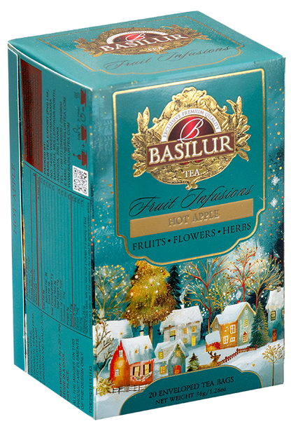 Herbata Basilur Hot Apple w niebiesko-złotym opakowaniu z zimowym motywem – aromatyczna herbata z jabłkiem i ziołami.