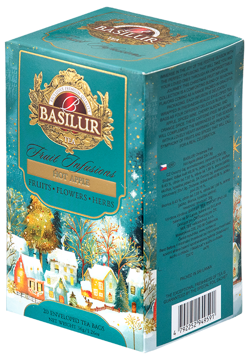 Bok pudełka Basilur Hot Apple – eleganckie opakowanie z opisem i wartością odżywczą.