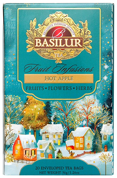 Front opakowania Basilur Hot Apple – zimowa herbata owocowo-ziołowa z jabłkiem i aromatycznym zapachem.