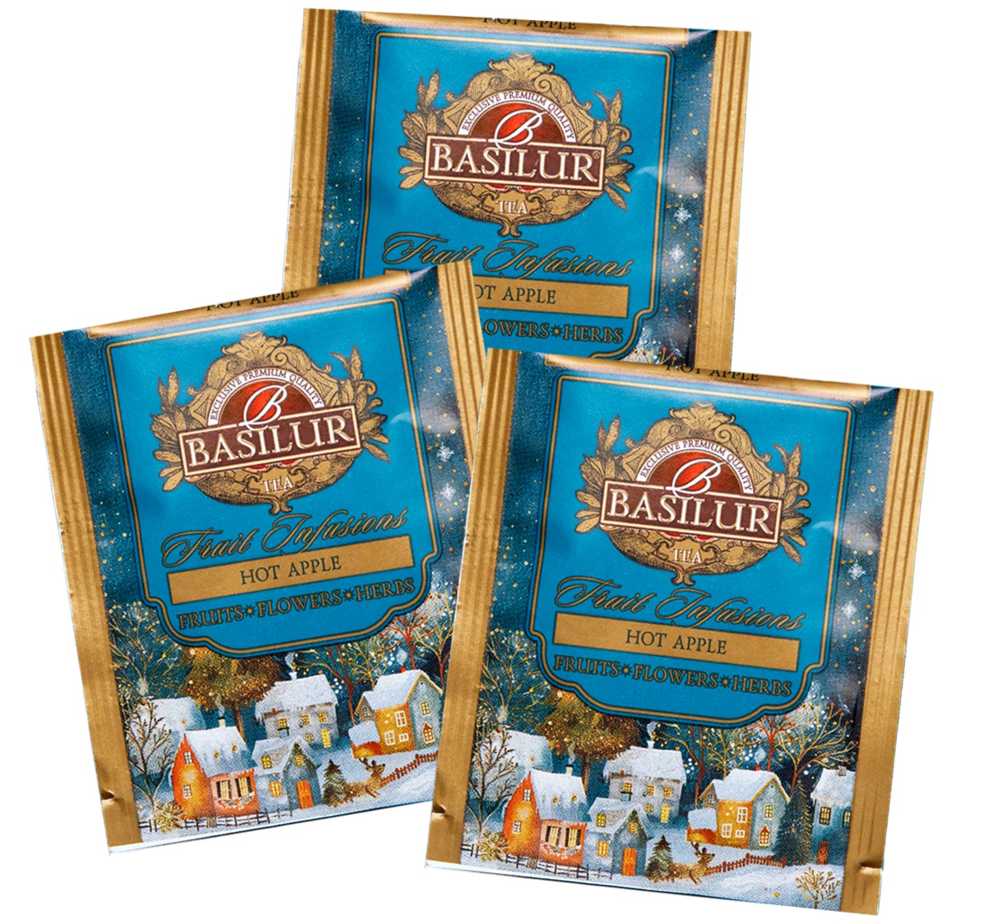 Torebki herbaty Basilur Hot Apple – owocowy napar o smaku pieczonego jabłka.