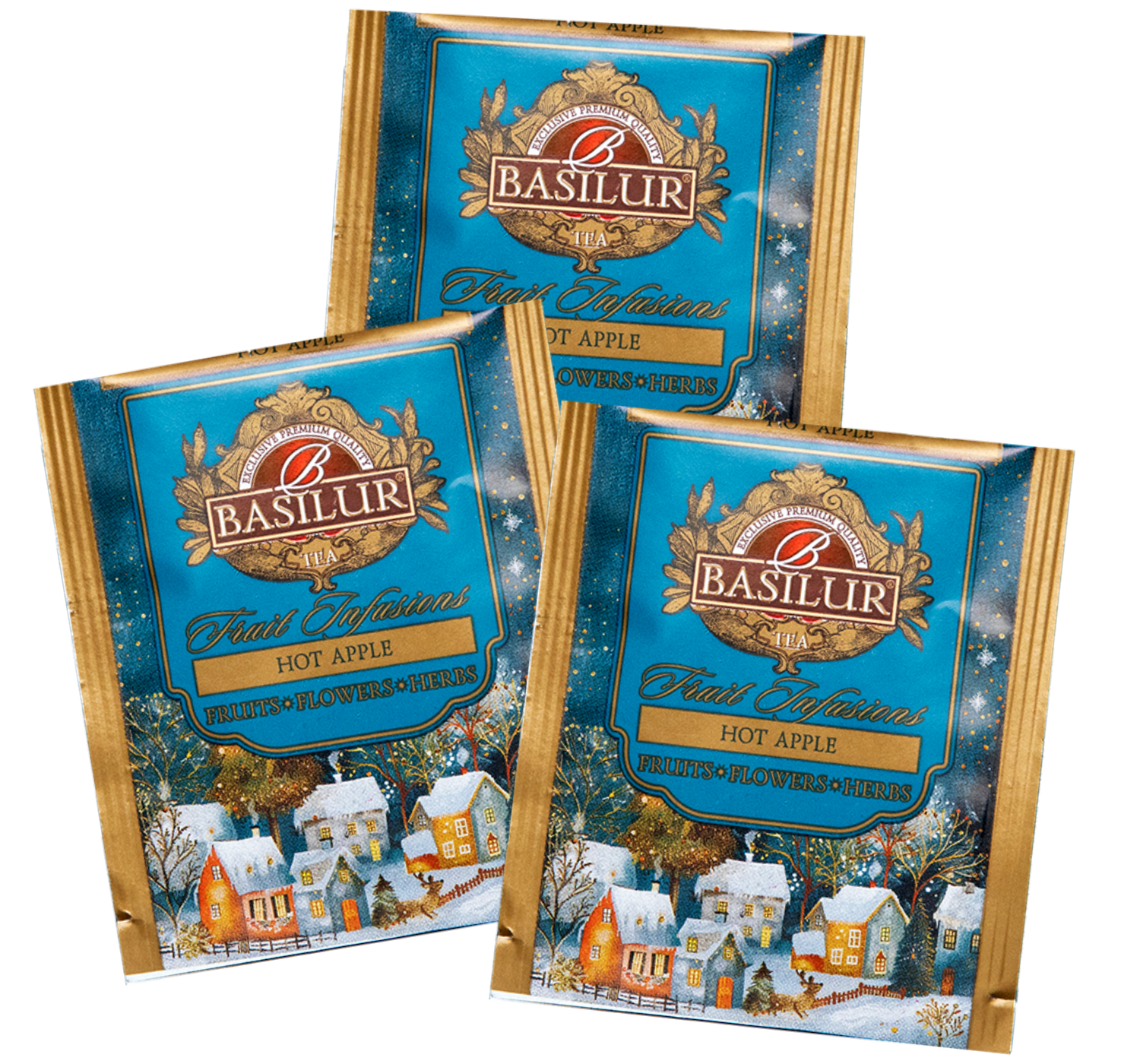 Torebki herbaty Basilur Hot Apple – owocowy napar o smaku pieczonego jabłka.