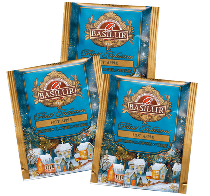 Torebki herbaty Basilur Hot Apple – owocowy napar o smaku pieczonego jabłka.