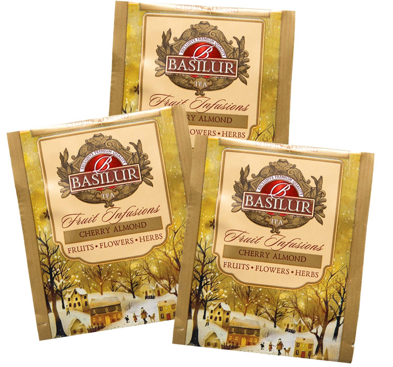 Torebki herbaty Basilur Cherry Almond – pojedyncze koperty z grafiką zimowego miasteczka i logo Basilur.