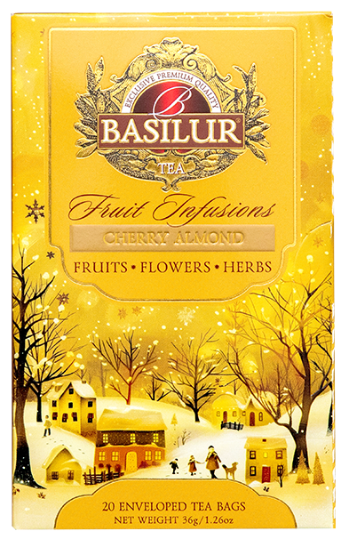 Front opakowania herbaty Basilur Cherry Almond – aromatyczna herbata z wiśnią, migdałem i ziołami.