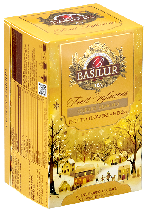 Herbata Basilur Cherry Almond widok z boku – eleganckie złote pudełko z opisem składu i wartości odżywczych.